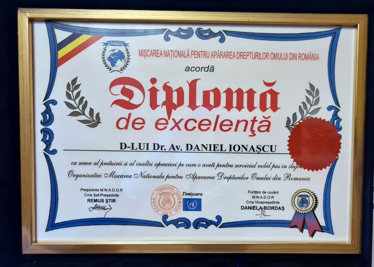 Diploma de Excelență acordată în semn de admirație din partea ”M.N.A.D.O.R. Timișoara – Oraș Martir”